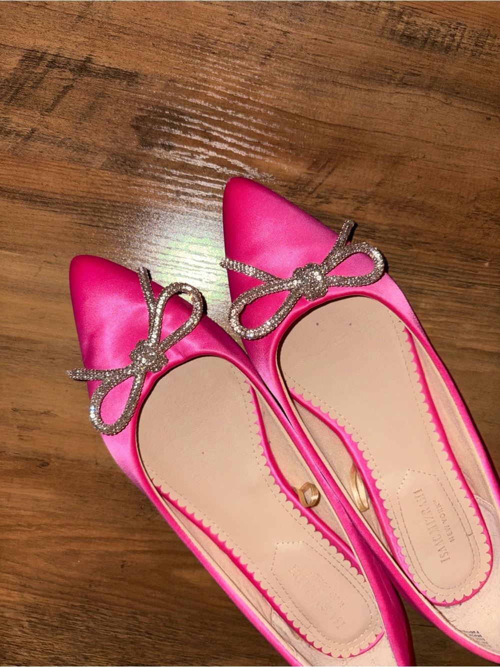 Isaac Mizrahi Women's Satin Pointed Toe Flats with Crystal Bow - Hot Pink